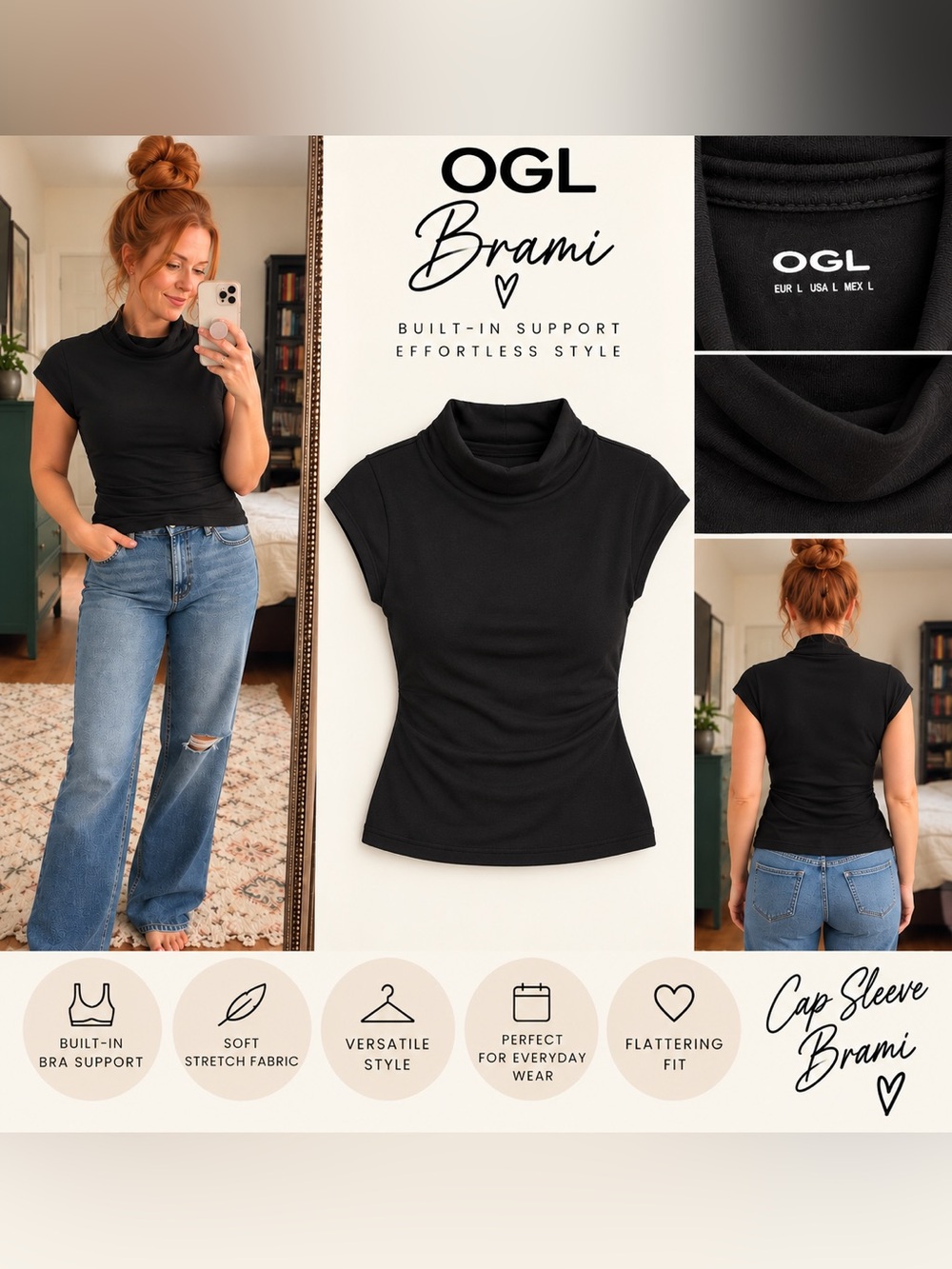 OGL Brami Women's Black Cap Sleeve Brami with Mock Neck